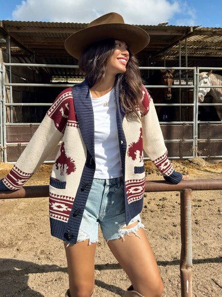 【KHOKI】 Cowboy-print cardigan 25ss-t-08 KHOKI Cowboy Print Cardigan 25ss-t-08