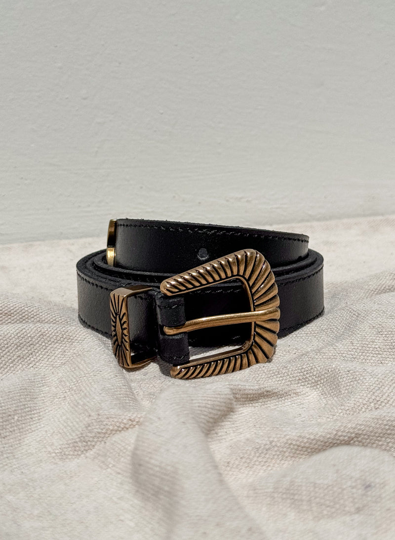 Brass Buckle Leather Belt in Black - Stitch And Feather