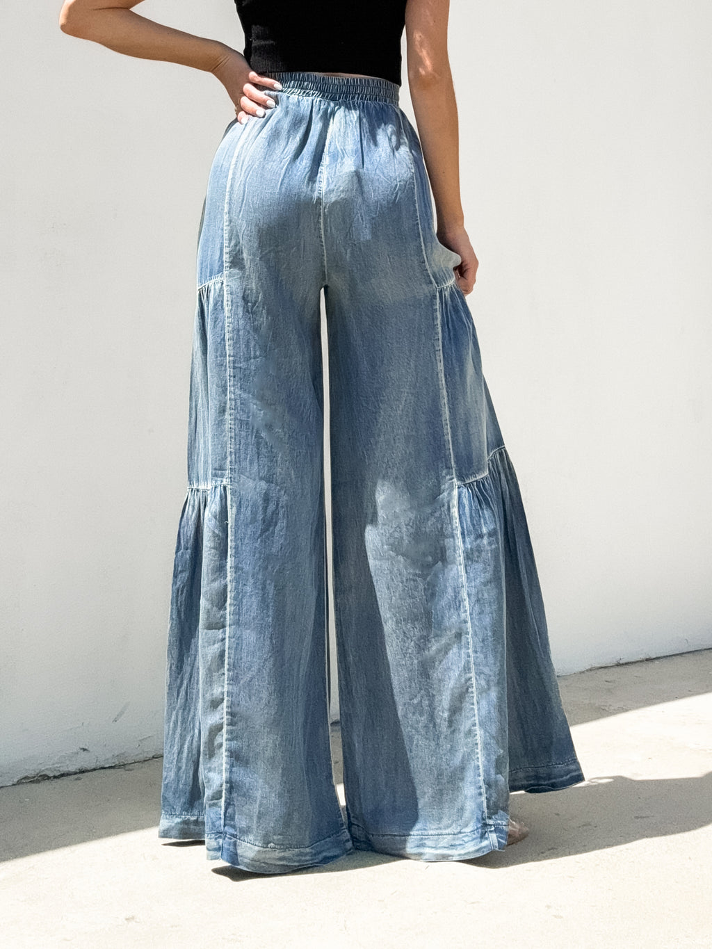 Ruffled side wide pants- DS0417, Washed denim - Stitch And Feather