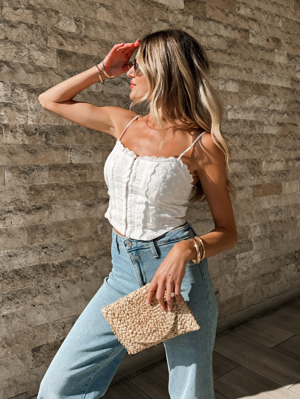Eyelet cami top- LT19914B-FCI, White - Stitch And Feather