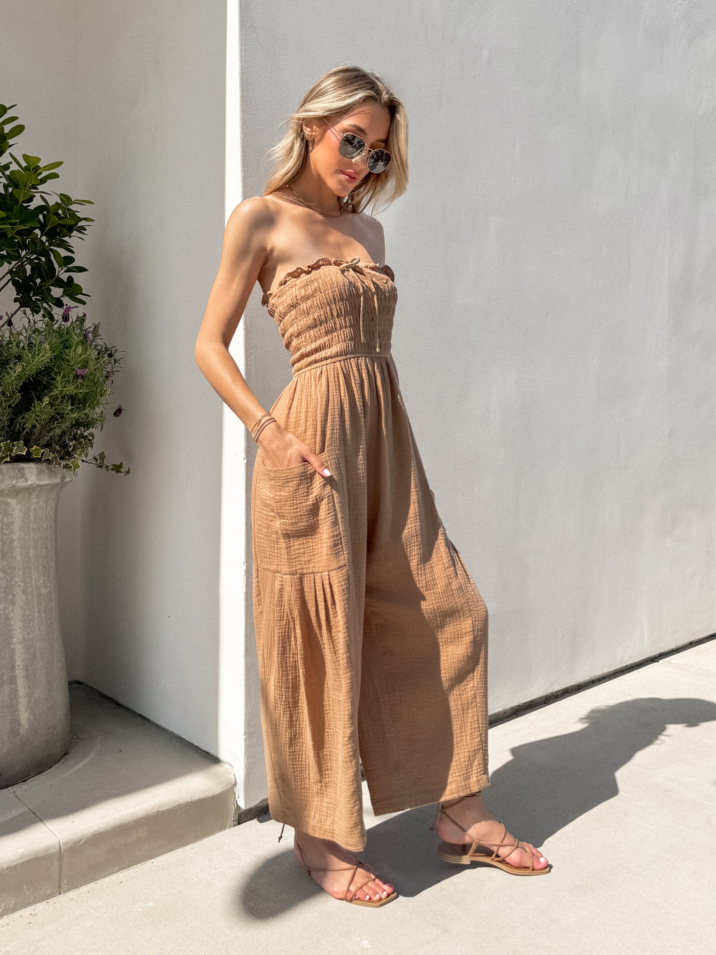 New Moves Gauze Jumpsuit in Khaki - Stitch And Feather