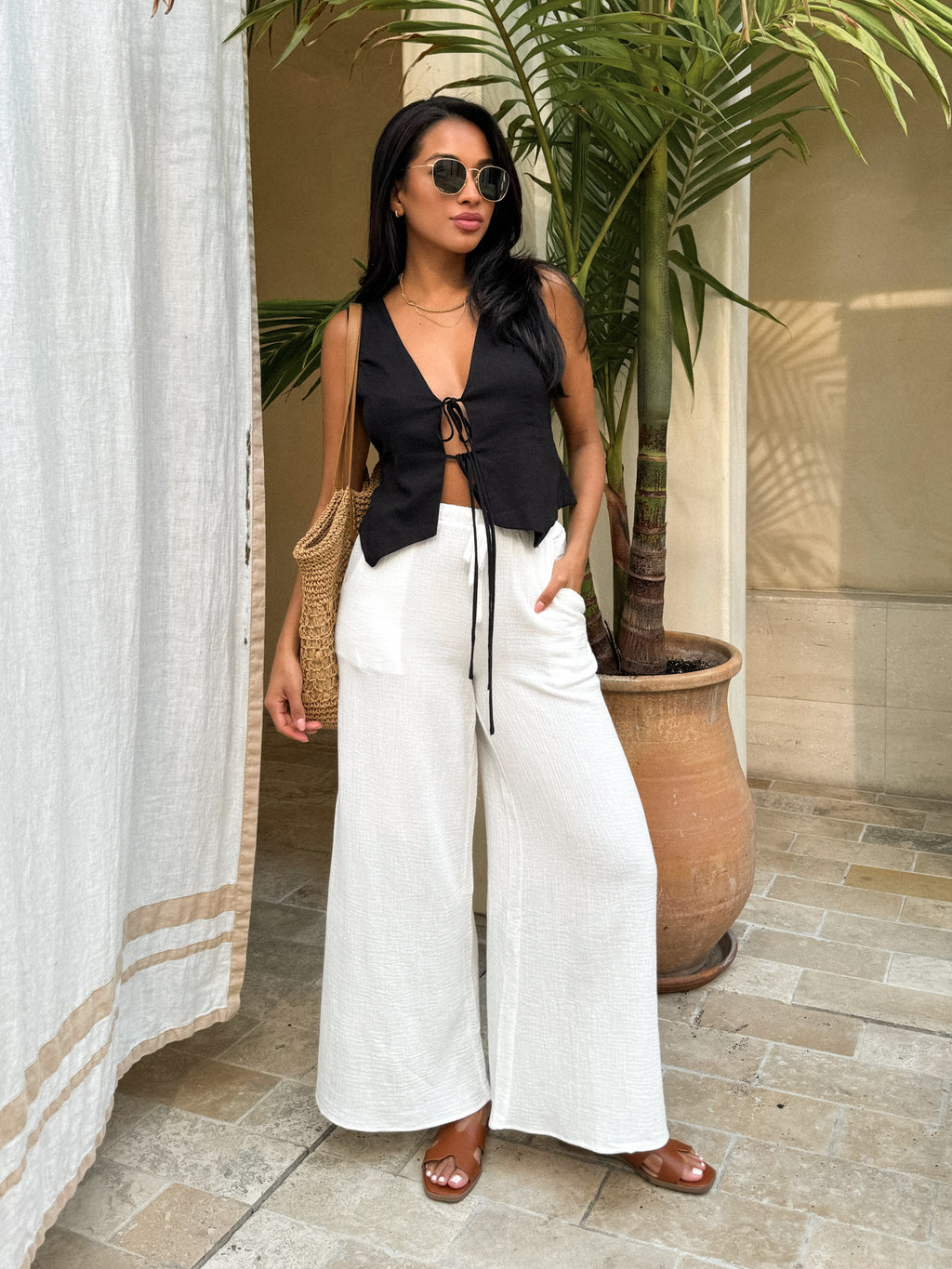 Pina Colada Gauze Pants in White - Stitch And Feather