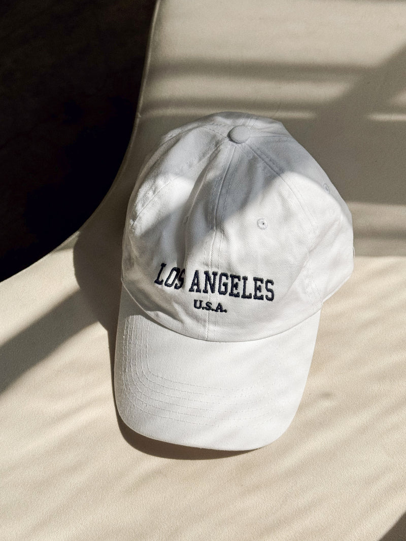 LA Embroidered Baseball Cap in White - Stitch And Feather