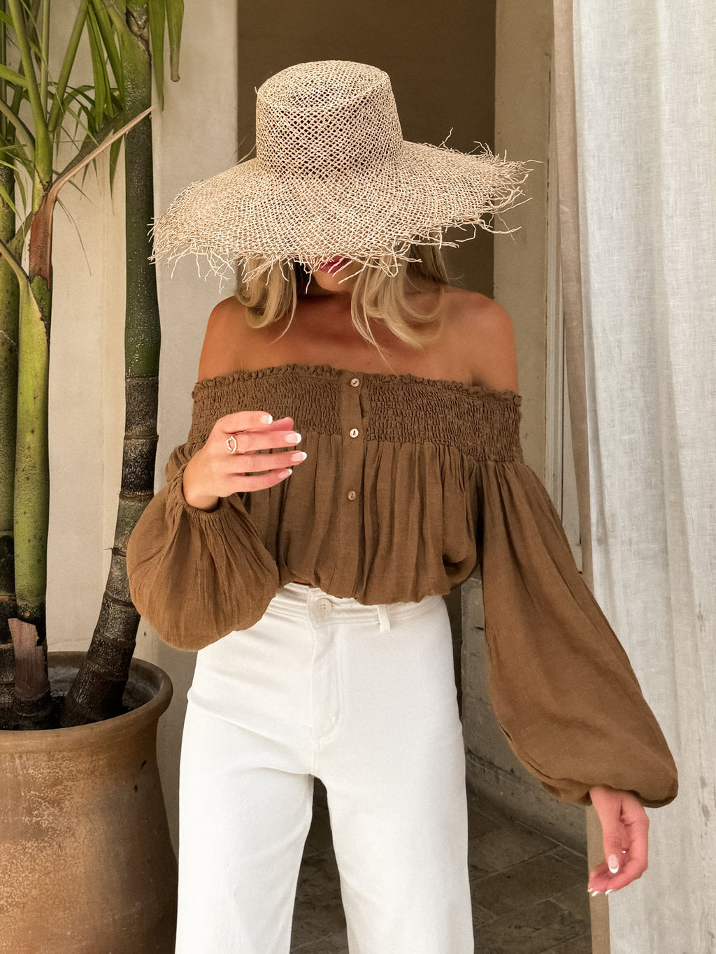 Let it Roll Smocked Blouse in Camel - Stitch And Feather