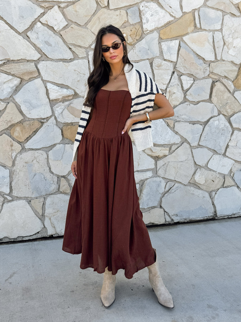Drop waist corset midi dress- ID34658, Chocolate - Stitch And Feather