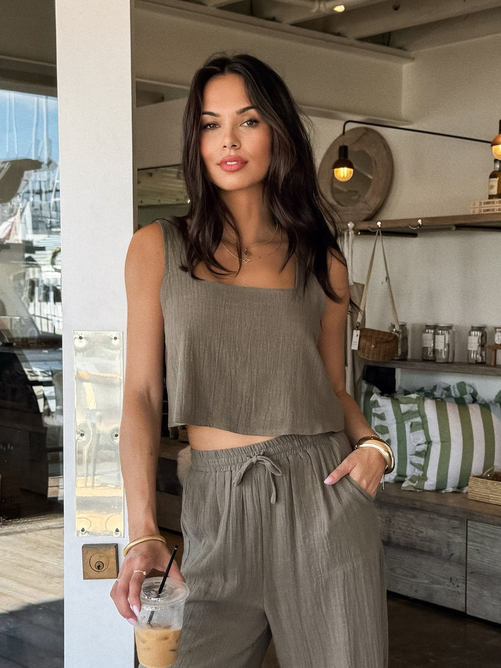 Sleeveless crop top- EB40332NR-T, Olive - Stitch And Feather