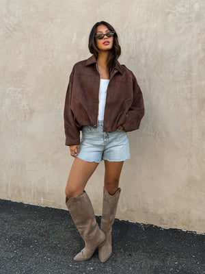 Billie Vegan Suede Jacket in Brown - Stitch And Feather