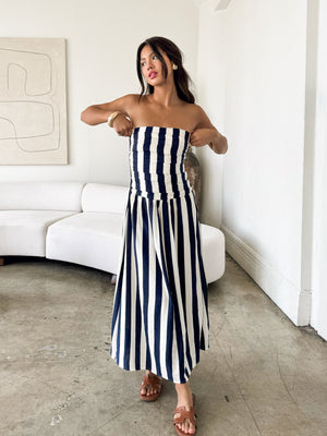 Vertical stripe midi dress- CR2644, Navy - Stitch And Feather