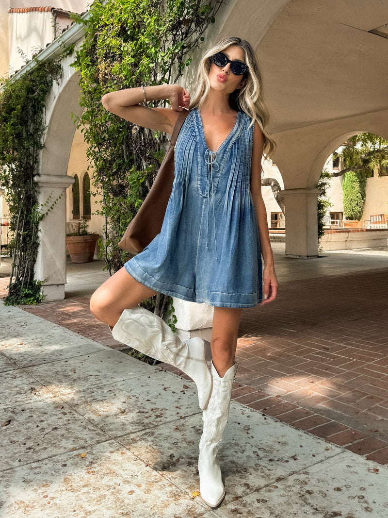 Henley Pleated Denim Romper in Dark Wash