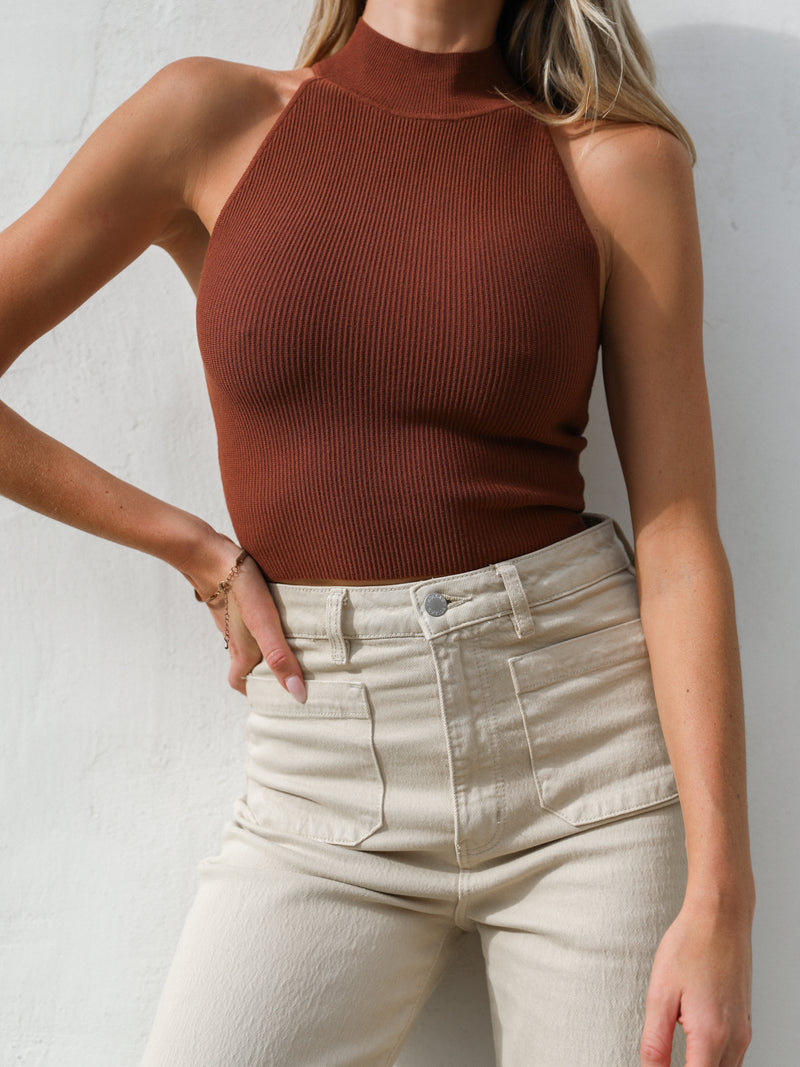 Ava Mock Neck Tank in Brown - Stitch And Feather