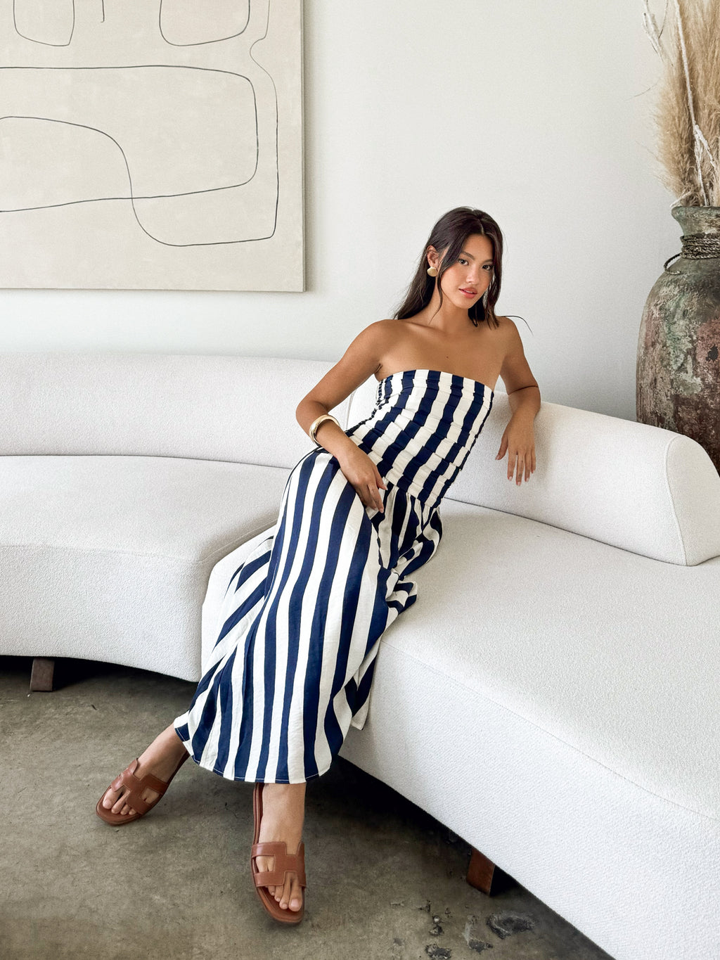 Vertical stripe midi dress- CR2644, Navy - Stitch And Feather