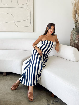 Vertical stripe midi dress- CR2644, Navy - Stitch And Feather