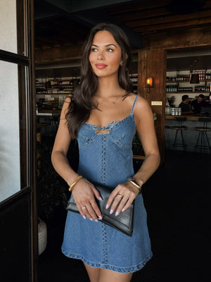 Sweetheart front tie mini dress- SM-D20961A, Denim - Stitch And Feather