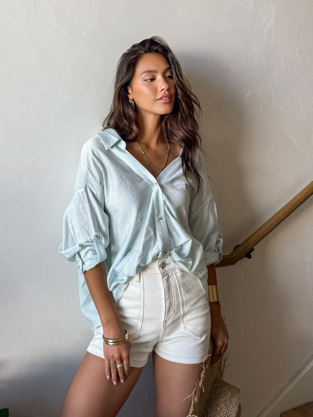 Vneck knotted front blouse- S24883, Ice blue - Stitch And Feather