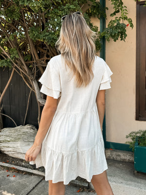 Lorna Linen Mini Dress in Oatmeal - Stitch And Feather