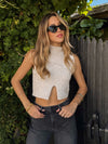 Mock neck cutout slvless sweater- IWT2098, Oatmeal - Stitch And Feather