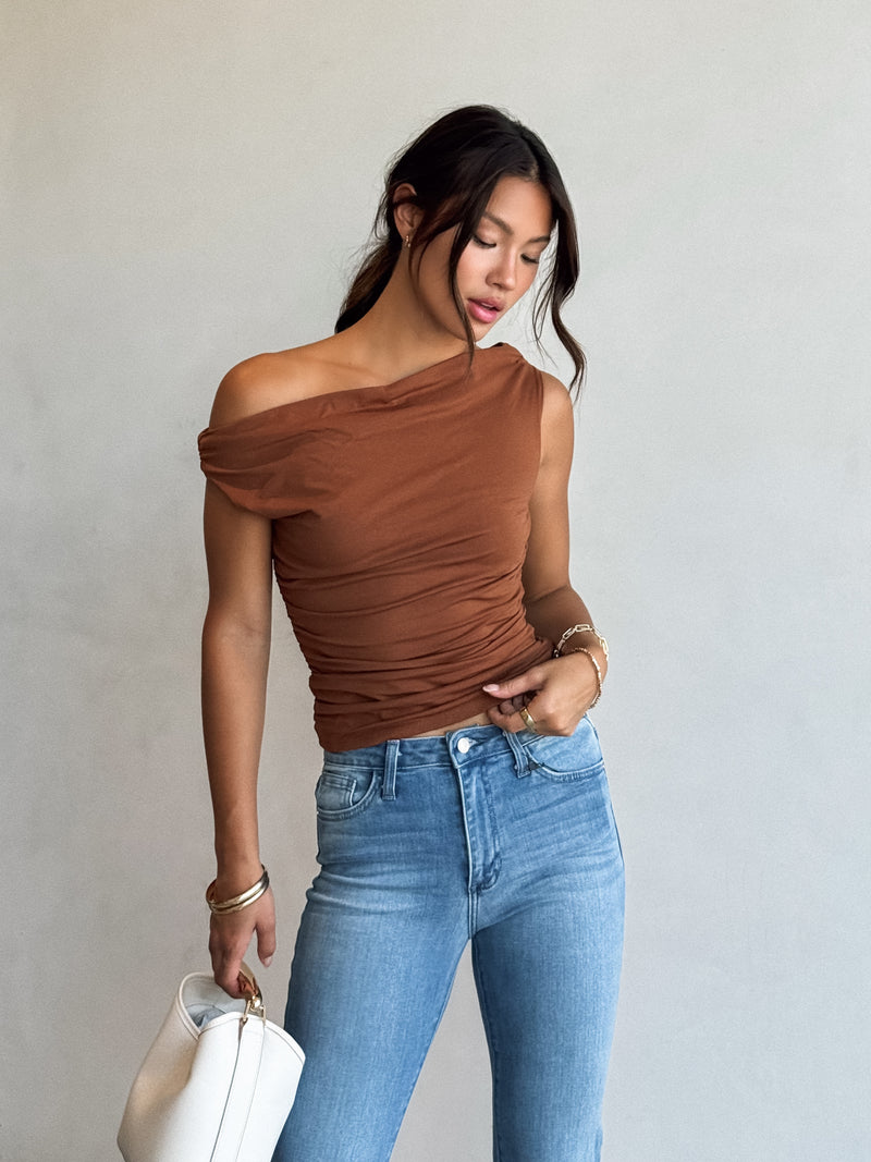 Faye Ruched Top in Brown - Stitch And Feather