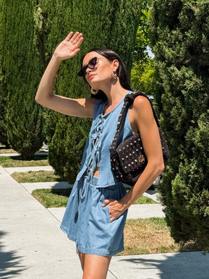 Let Loose Denim Tie Top - Stitch And Feather