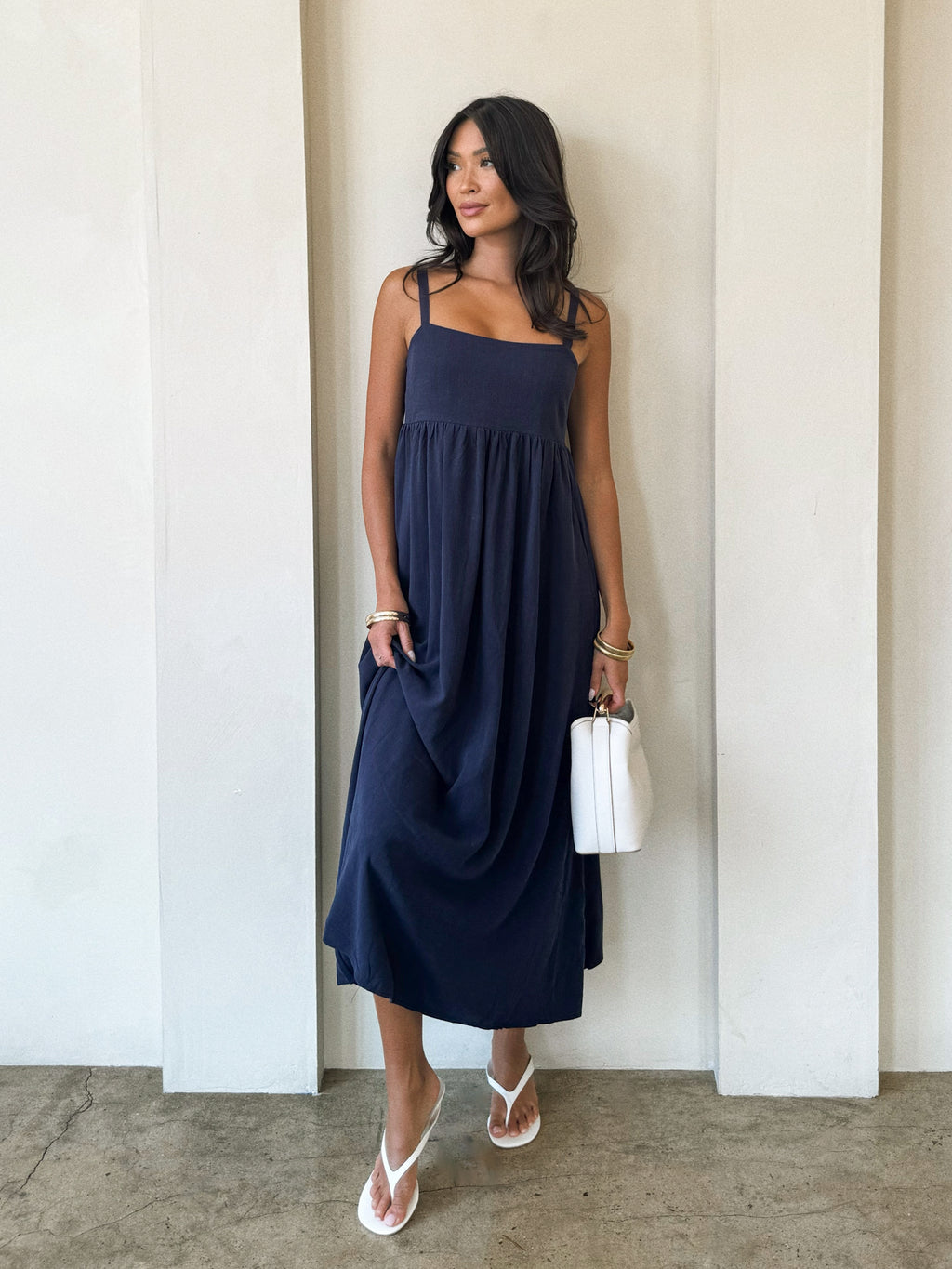 Hamptons Linen Midi Dress in Navy - Stitch And Feather