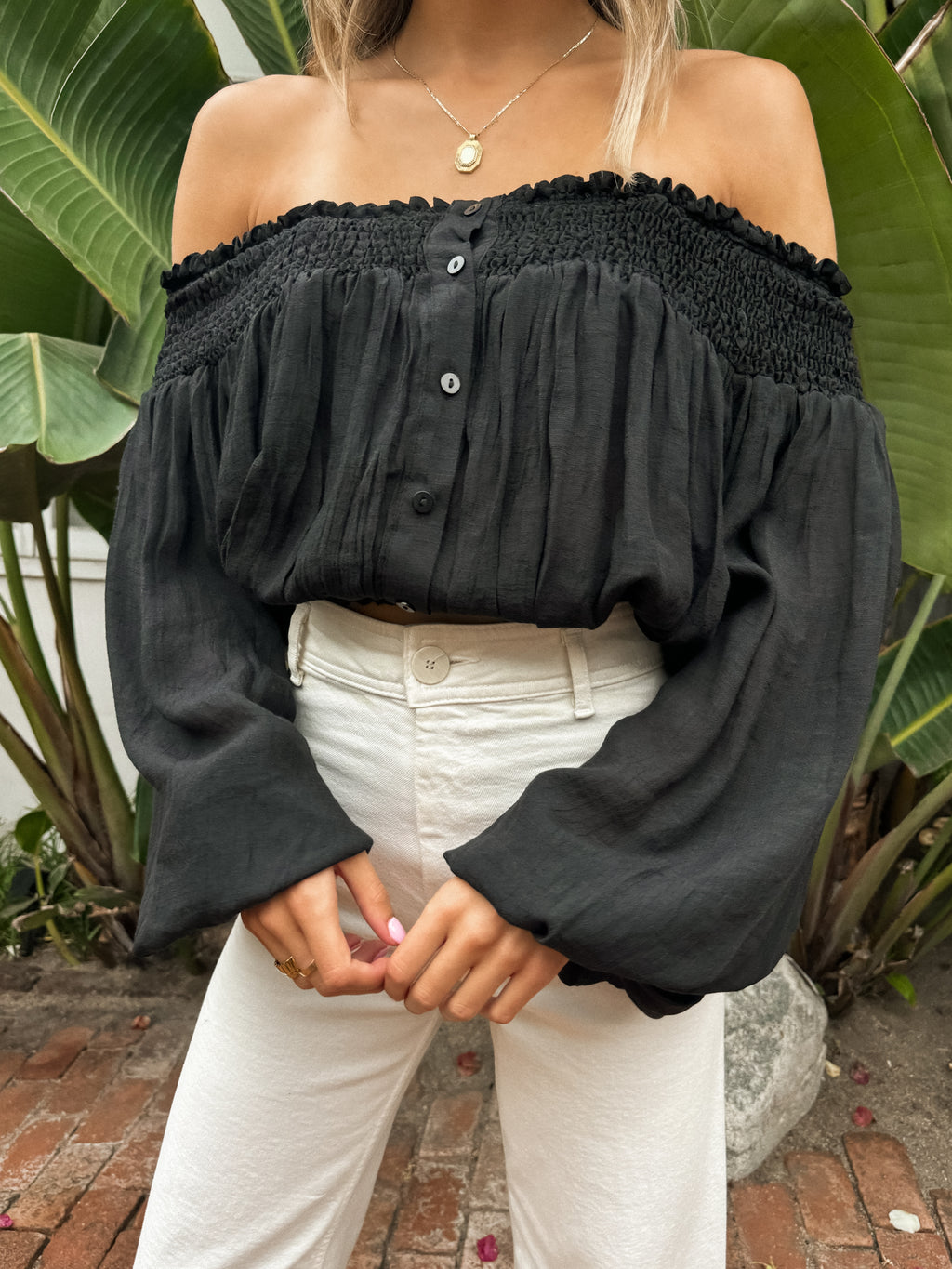 Let it Roll Smocked Blouse in Black - Stitch And Feather