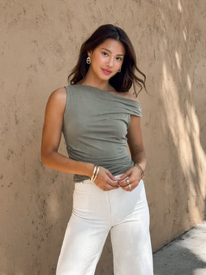 Teagan Twist Shoulder Top in Olive - Stitch And Feather