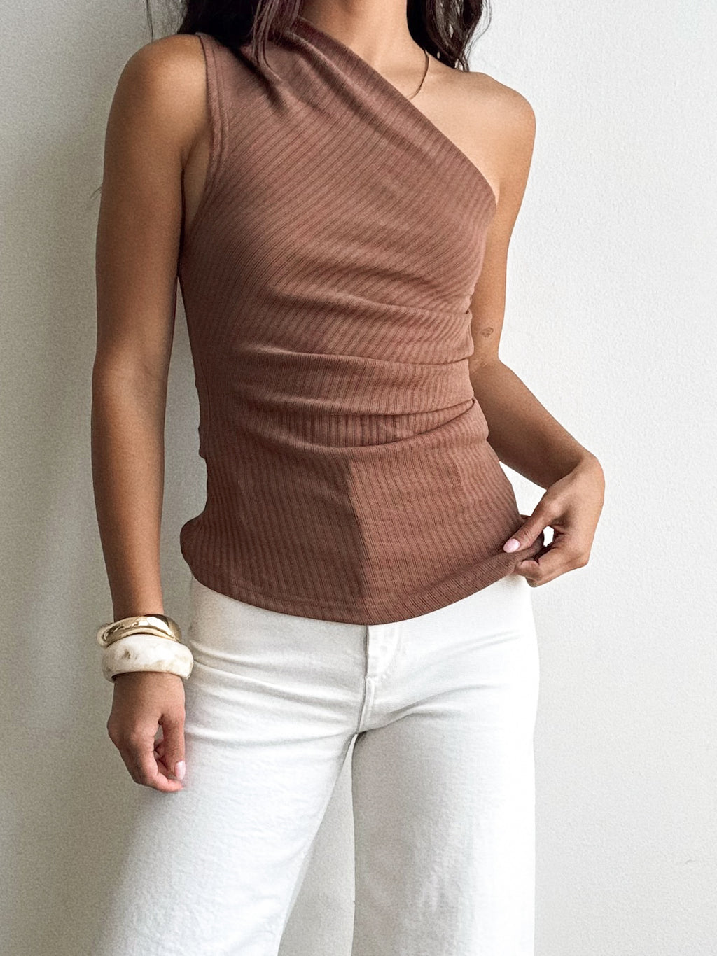 Diem Ribbed One Shoulder Top in Brown