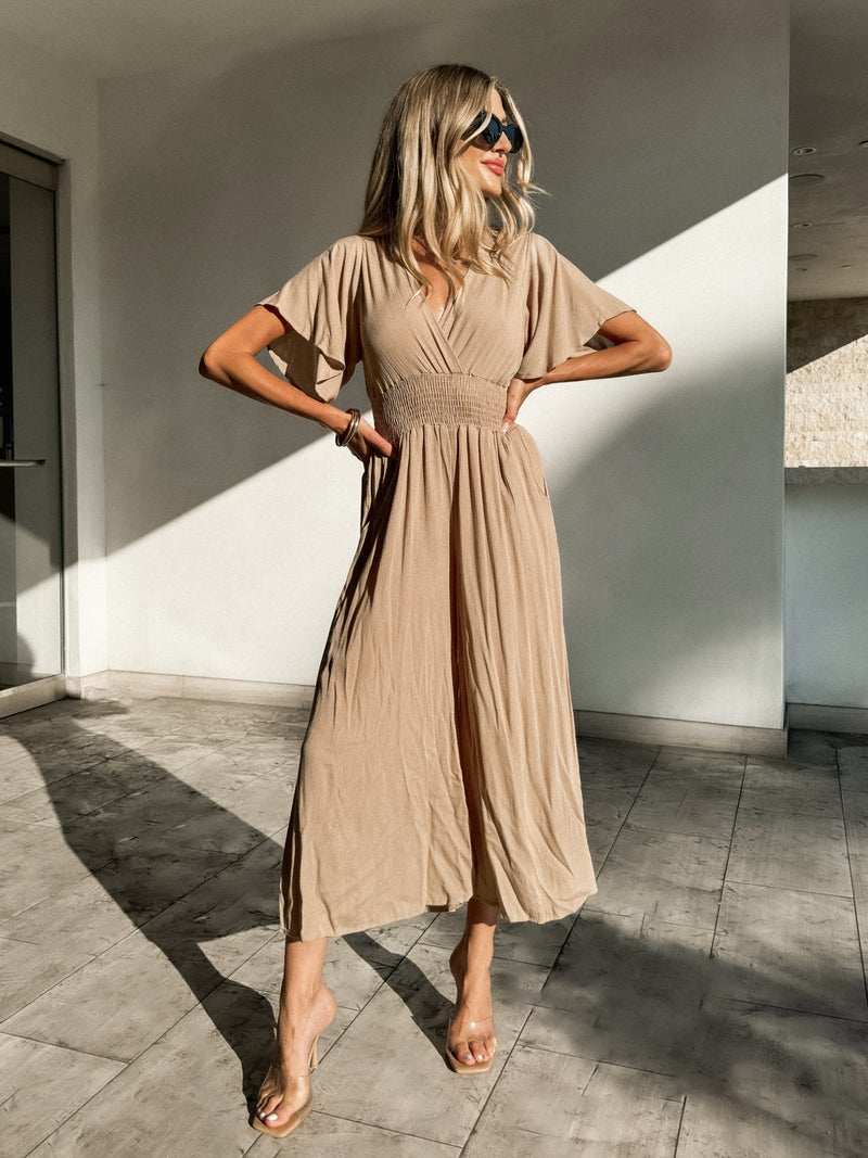 Cappuccino Smocked Waist Jumpsuit - Stitch And Feather