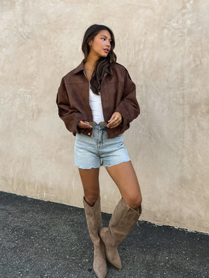 Billie Vegan Suede Jacket in Brown - Stitch And Feather