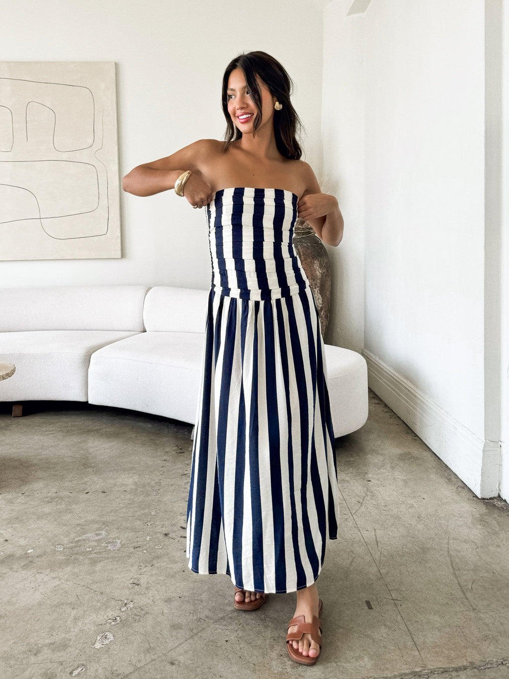 Vertical stripe midi dress- CR2644, Navy - Stitch And Feather