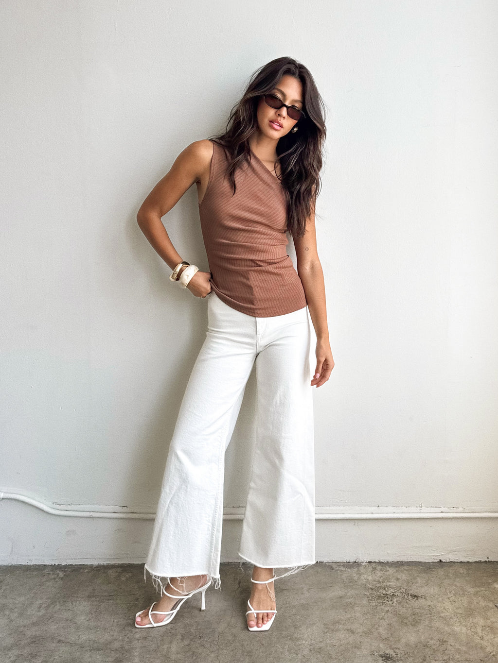 Diem Ribbed One Shoulder Top in Brown