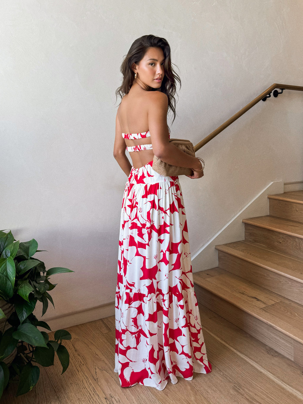 Twist ruched bodice maxi dress- SM-D20750L, Red/ivory - Stitch And Feather