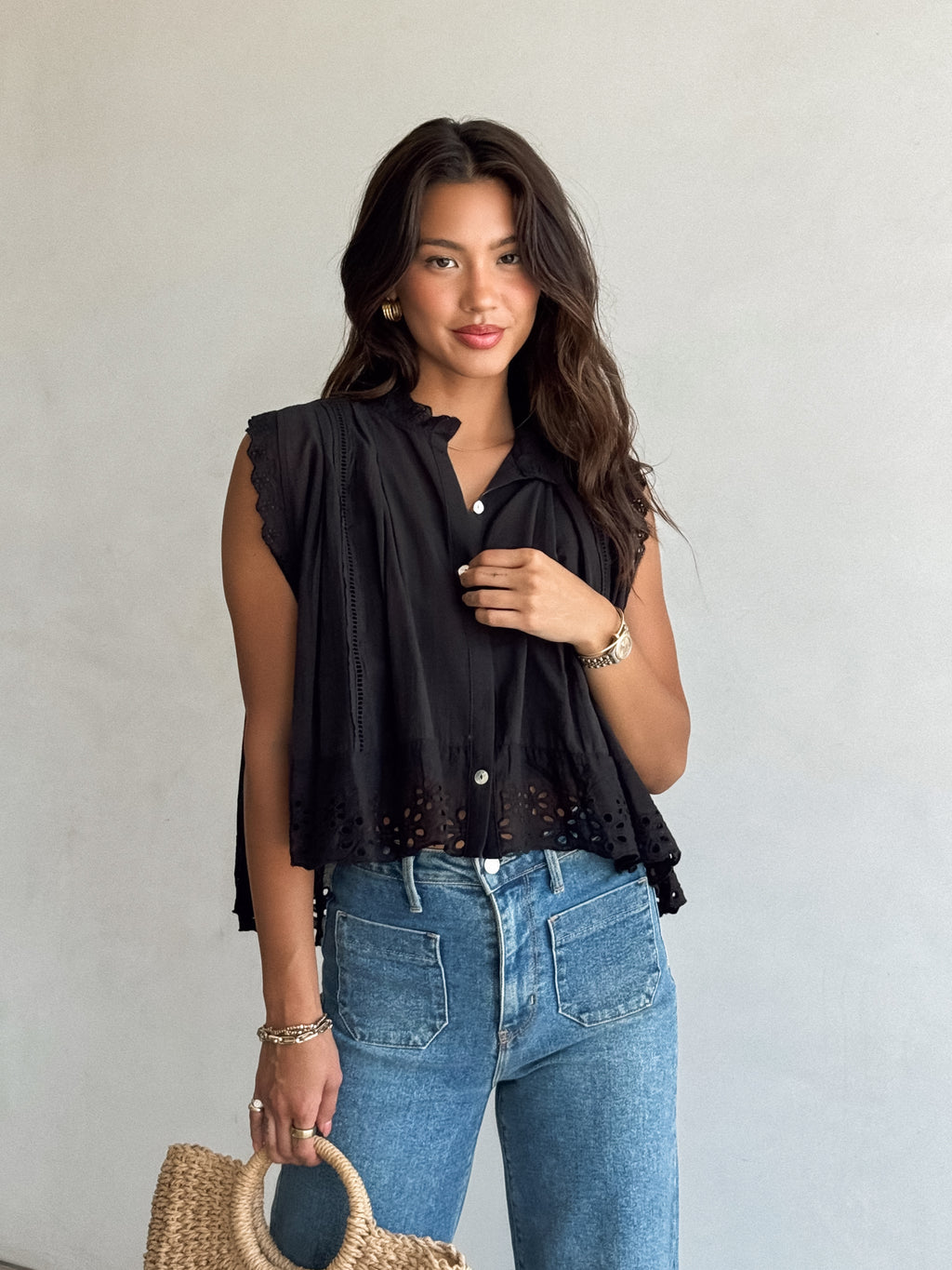 Eleanor Eyelet Blouse in Black - Stitch And Feather