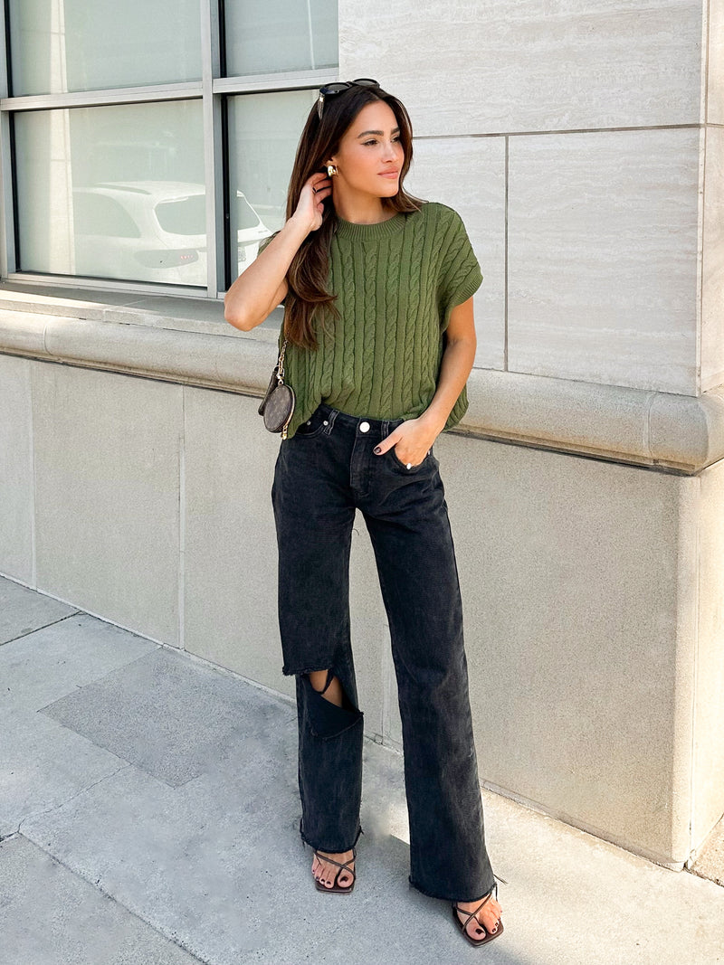Alina Cropped Sweater in Olive - Stitch And Feather