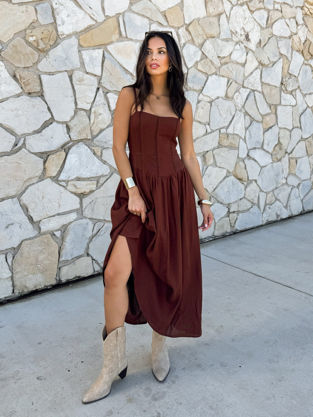 Drop waist corset midi dress- ID34658, Chocolate - Stitch And Feather