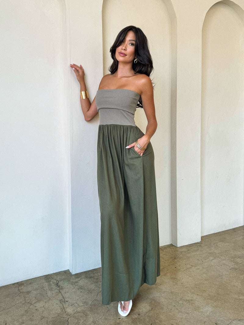 Talia Linen Maxi Dress in Olive - Stitch And Feather