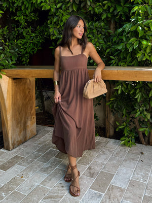 Espresso Linen Midi Dress - Stitch And Feather