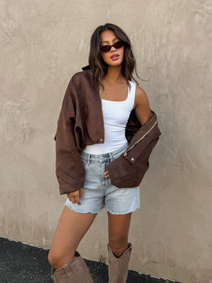Billie Vegan Suede Jacket in Brown - Stitch And Feather