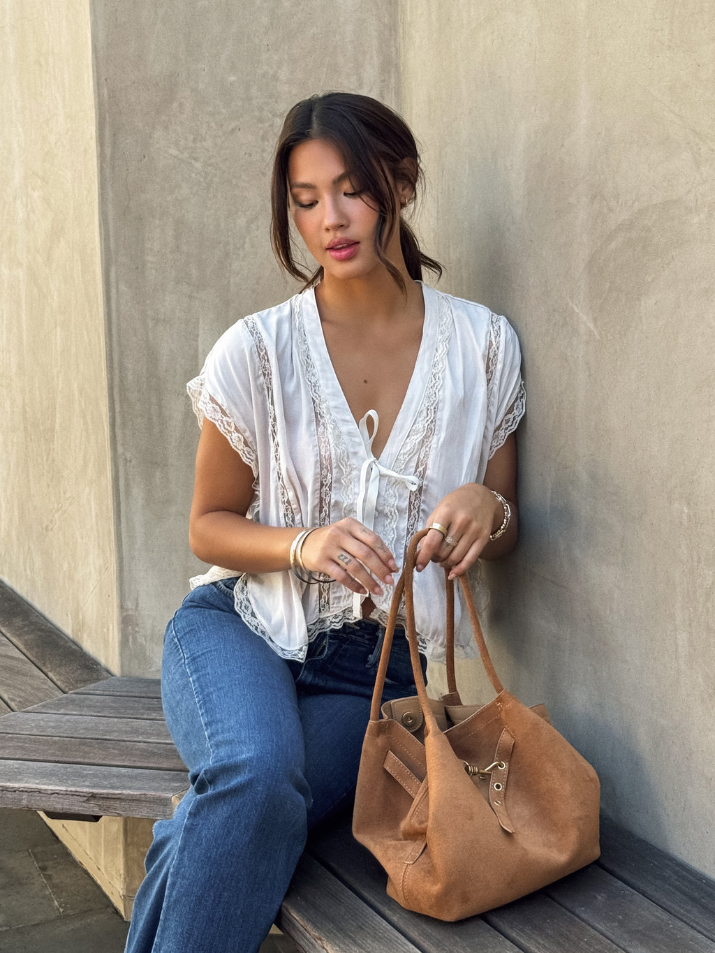 Guessing Game Lace Trim Top in Pearl