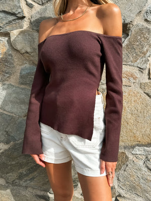 Chocolate Side Slit Knit Top - Stitch And Feather