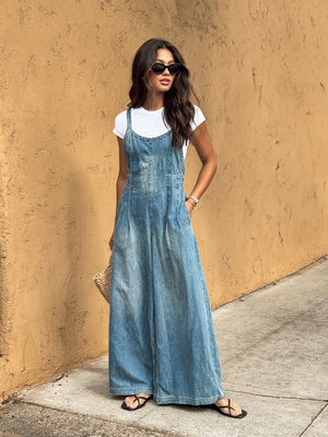 Cambria Wide Leg Denim Overalls - Stitch And Feather