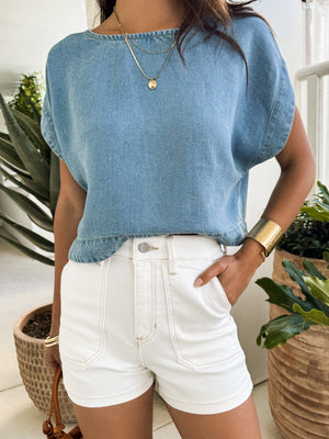 Chambray tie back top- B5SX1026-T, Blue - Stitch And Feather
