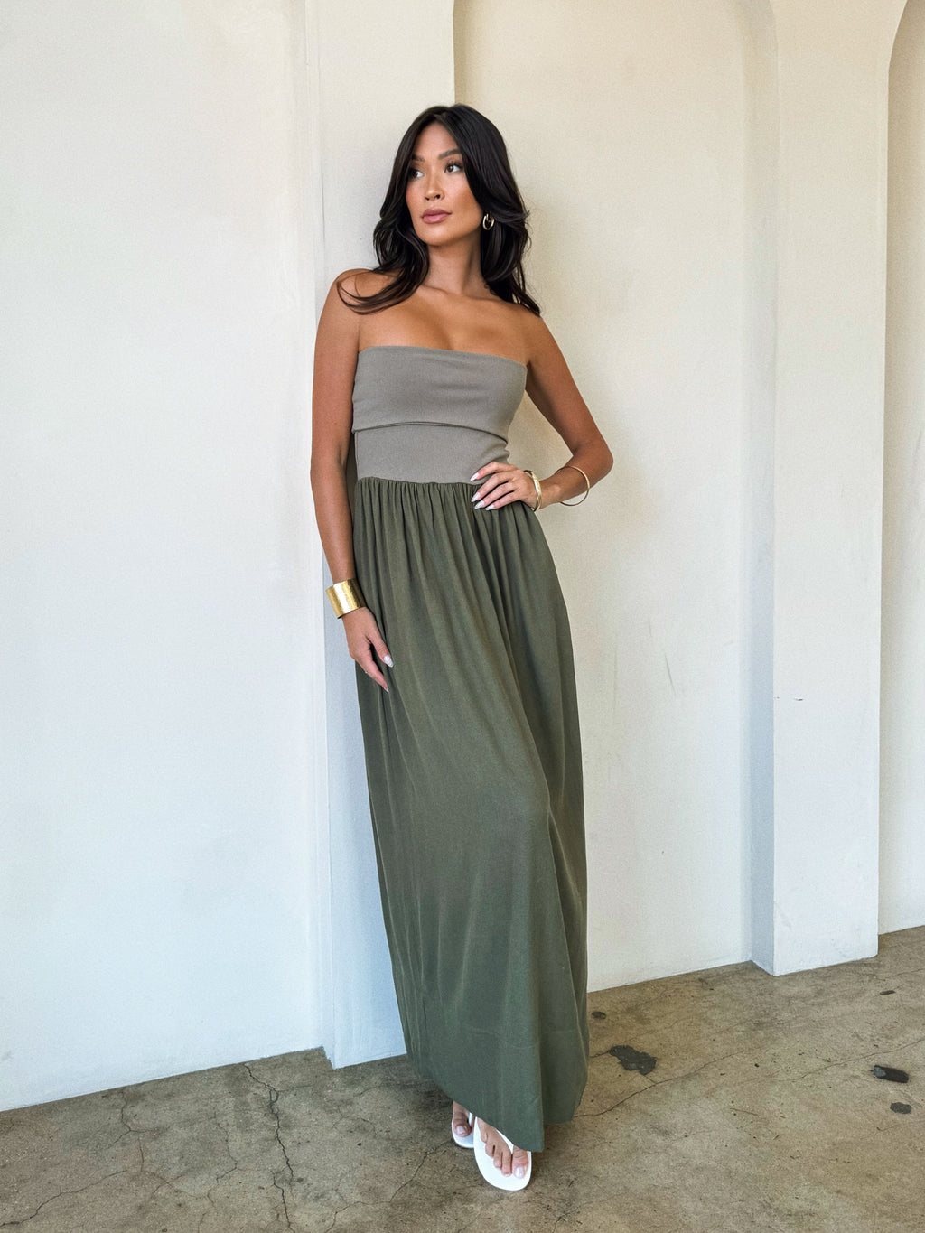 Talia Linen Maxi Dress in Olive - Stitch And Feather