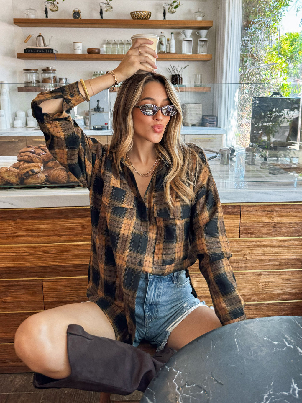 Oversized flannel shirt- ACT10208C, Mocha - Stitch And Feather