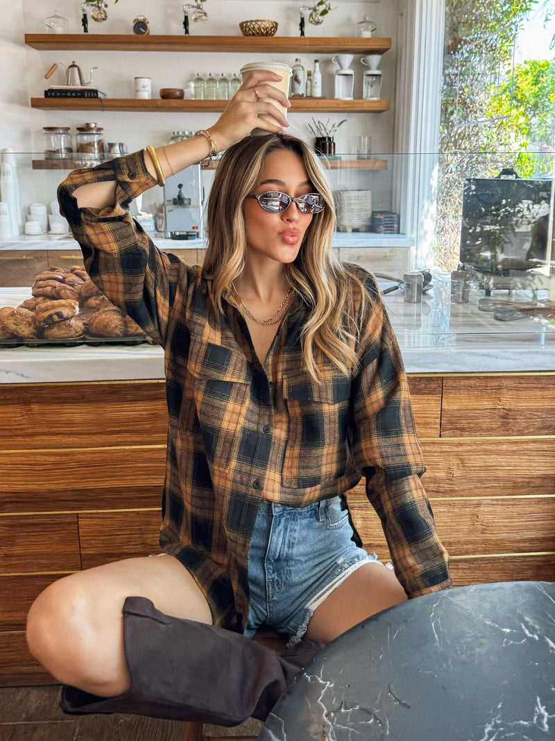 Oversized flannel shirt- ACT10208C, Mocha - Stitch And Feather