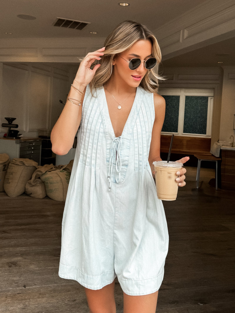 Henley Pleated Denim Romper in Light Wash - Stitch And Feather