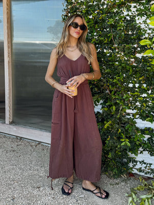 Cotton gauze parachute jumpsuit- IJ34057, Chocolate - Stitch And Feather