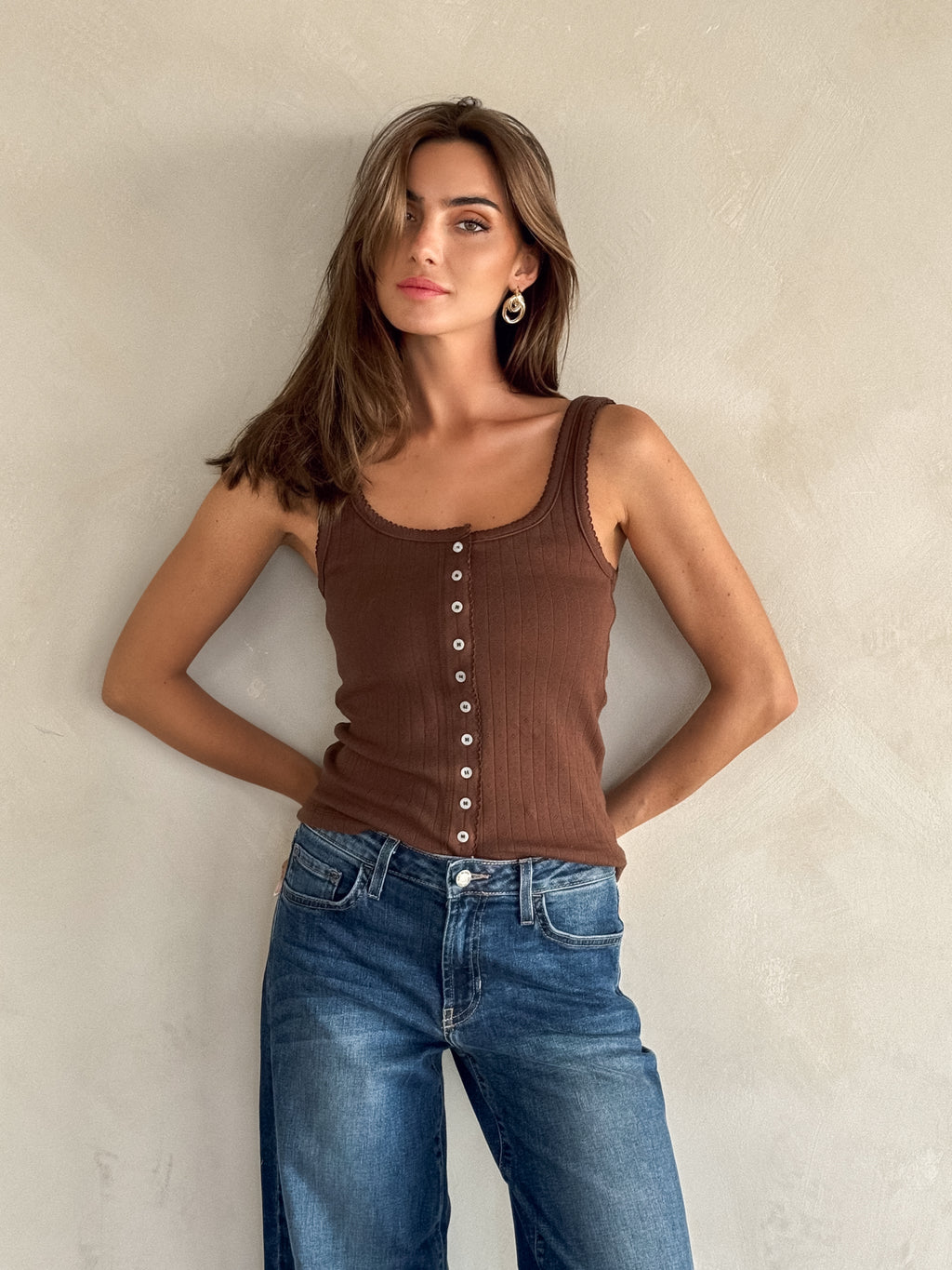 Sweet Dreams Button Down Tank in Brown