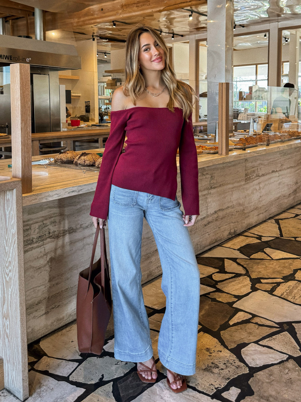 OTS side slit knit top- SWT2405, Burgundy - Stitch And Feather