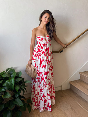 Twist ruched bodice maxi dress- SM-D20750L, Red/ivory - Stitch And Feather