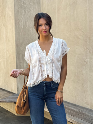 Guessing Game Lace Trim Top in Pearl - Stitch And Feather